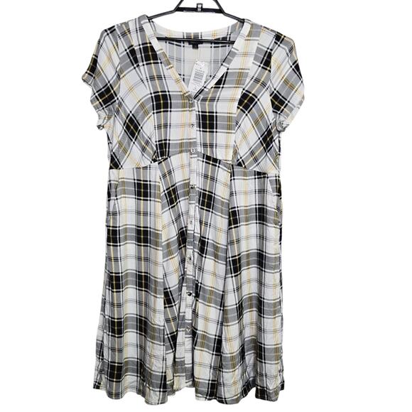 Torrid Plaid Mini Challis Shirt Dress Size 1 1X White Black Brown V-Neck S/S - Picture 1 of 5